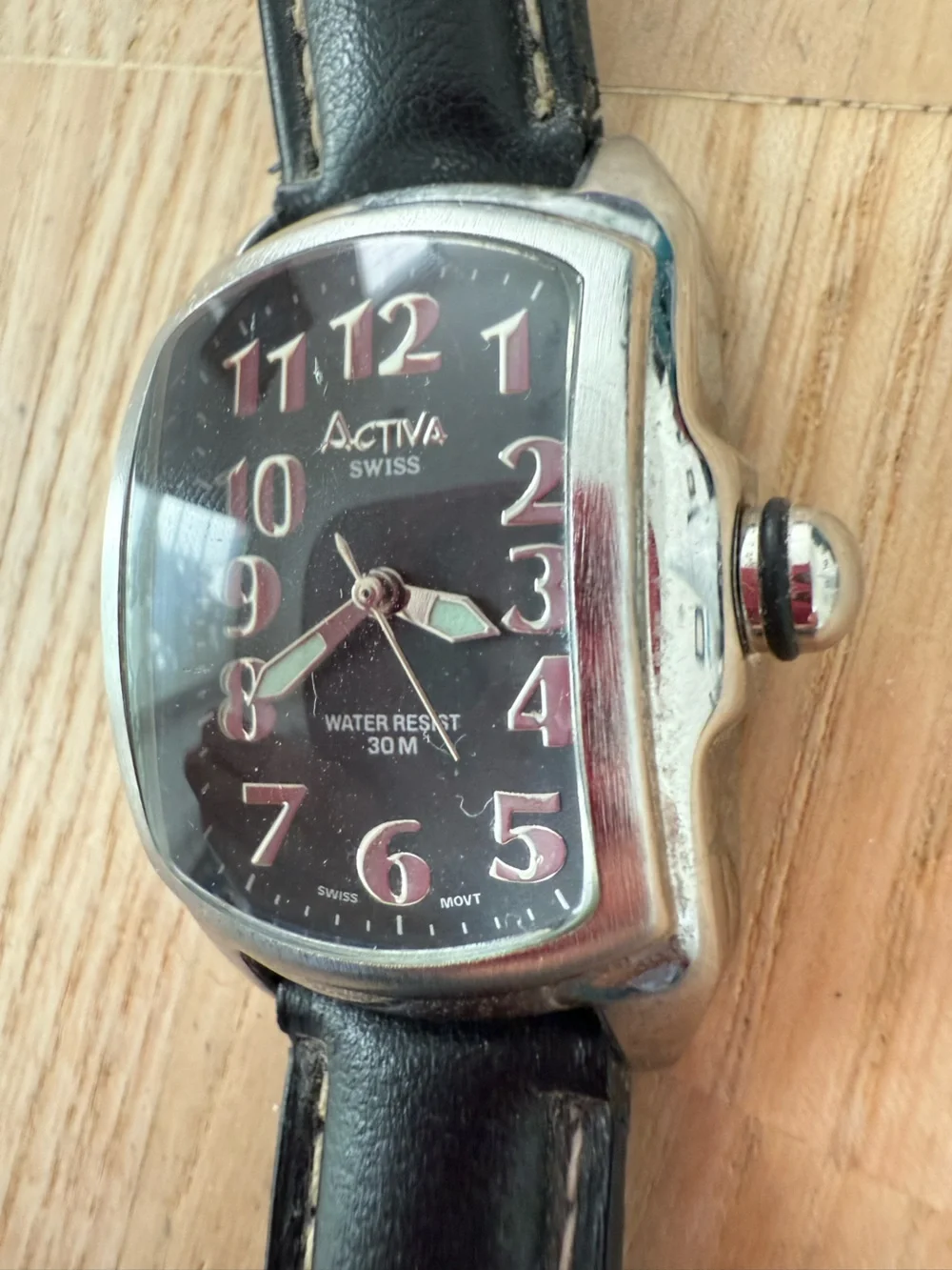 Activa Swiss ladies rectangular silver tone black leather watch NEW BATTERY
